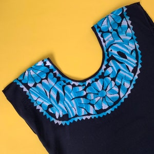Mexican Fiesta Blouse // Black, Turquoise, and White Jalapa De Diaz Hand Embroidered Oaxaca Huipil // Mexican Blouse // Top // Tunic