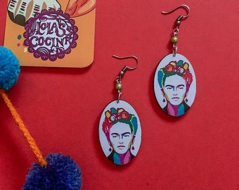 Artsy Rainbow Handmade Wooden Frida-Inspired Earrings from Oaxaca, Mexico