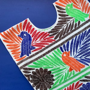 Colorful Jalapa De Diaz Hand Embroidered Oaxaca Huipil // Mexican Blouse // Top // One Size Small - Medium // Multi-Color Colorful Birds