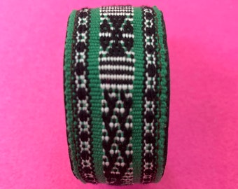 Hand Woven Cotton and Leather Handmade Cuff Bracelet Made in Oaxaca, Mexico / Measures approximately 8.5 x 1 inch