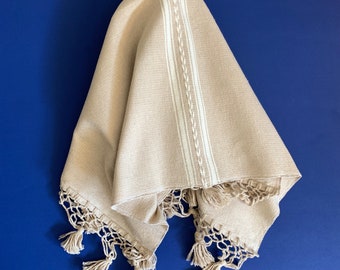 NEW Large Handwoven Kitchen Towel with Macramé Woven Fringe Tassels // Sand Tan and Beige // Tea Towel from Oaxaca Mexico