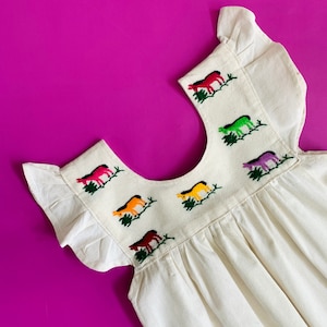 Animalitos Line - Caballos Pastoreando Grazing Horses Child Dress Size // Hand Embroidered on 100% cotton // Made in Oaxaca, Mexico
