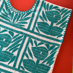 Full Hand Embroidered Huipil, Teal Dress Jalapa De Diaz Oaxaca, Mexico / Mexican Embroidered Dress, One Size Fits Most