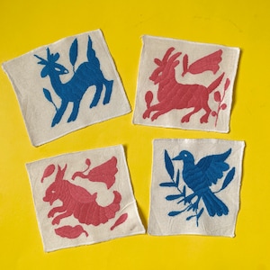 NEW Baby Nursery of 4 Set Hand Embroidered Otomi Textile Includes 2 Coral Pink and 2 Turquoise Blue, Made in Mexico