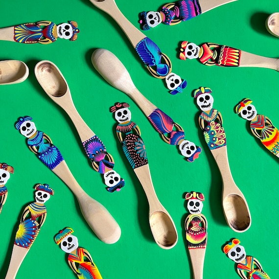 NEW Catrina Sugar Skull Wooden Salsa and Jam Spoon Handmade in Oaxaca, Mexico 6” // Zero Waste Reusable Spoons // Day of the Dead