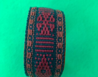 Hand Woven Cotton and Leather Handmade Cuff Bracelet Made in Oaxaca, Mexico / Measures approximately 9 x 1 inch