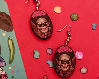 Catrina Handmade Wooden Frida-Inspired Earrings from Oaxaca, Mexico