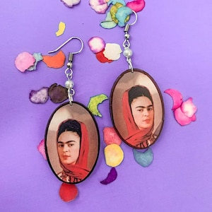 Red Rebozo Around Head Handmade Wooden Frida-Inspired Earrings from Oaxaca, Mexico