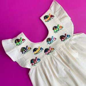 Animalitos Line - Las Tortugas Colorful Turtles Child Dress Size // Hand Embroidered on 100% cotton // Made in Oaxaca, Mexico
