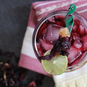 May include: A glass of red hibiscus tea with ice and a lime wedge. A wooden stick with a green bird figurine is used to stir the drink.