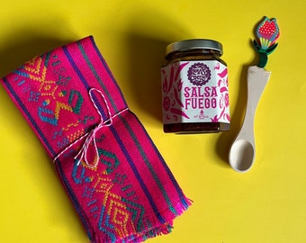 NEW Gift Set: Salsa Macha (Fuego) + Handwoven Napkins + Handmade Wooden Spoon