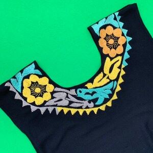 Colorful Multi-Colored (Yellow, Seafoam Green, Gold, Grey) and Black Jalapa De Diaz Hand Embroidered Oaxaca Huipil // Mexican Blouse // Top