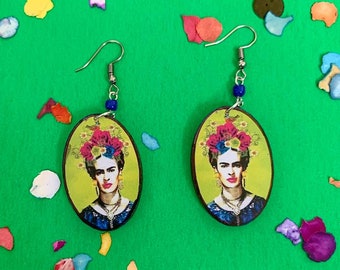 Lime Green with Colorful Flowers Handmade Wooden Frida-Inspired Earrings from Oaxaca, Mexico