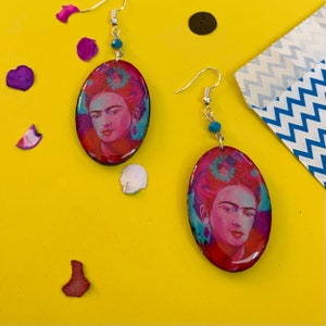 Red + Green Artsy Handmade Wooden Frida-Inspired Earrings from Oaxaca, Mexico