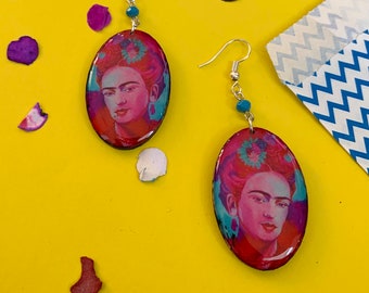 Red + Green Artsy Handmade Wooden Frida-Inspired Earrings from Oaxaca, Mexico