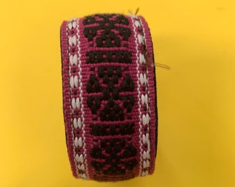 Hand Woven Cotton and Leather Handmade Cuff Bracelet Made in Oaxaca, Mexico / Measures approximately 8 x 1 inch