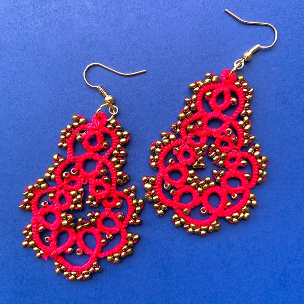 Handmade hand tatted teardrop earrings - rosa mexicano hot pink with gold beads, made in Mexico, lace, filigree tatting jewelry, chandelier