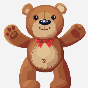 May include: A brown teddy bear with a red bow tie, standing with its arms outstretched, smiling. The bear has a stitched nose and a stitched belly.