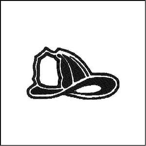 May include: Black and white silhouette of a firefighter's helmet.