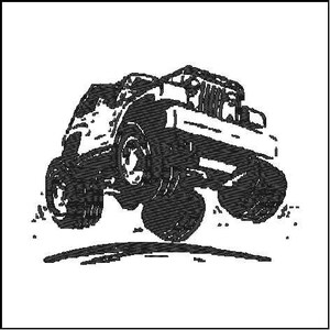 Puede incluir: Ilustración en blanco y negro de un jeep conduciendo por una colina. El jeep está en el aire con sus ruedas levantadas del suelo.