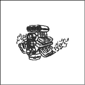 Puede incluir: Un dibujo lineal en blanco y negro de un motor. El motor está compuesto por varias piezas mecánicas, incluyendo una culata, pistones y otros componentes. El dibujo está sobre un fondo blanco.