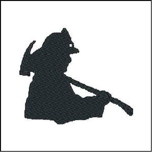 May include: Black silhouette of a witch sitting with a broom in her hand.