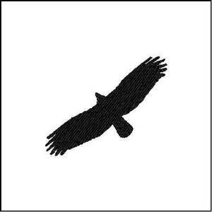 May include: A black silhouette of a bird in flight against a white background.