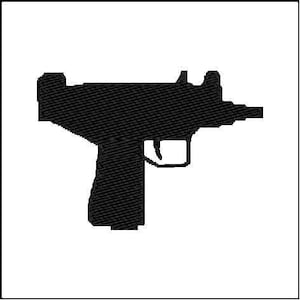 May include: A black silhouette of a submachine gun.