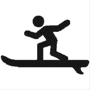 May include: A black silhouette of a person surfing on a wave.