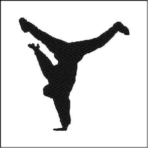 May include: Black silhouette of a person performing a handstand, a popular move in breakdancing.