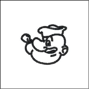 May include: Black and white line drawing of a cartoon sailor with a large nose and a hat.