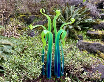 Made To Order - 6 Green and Blue Hand Blown Glass Fronds - Garden Art