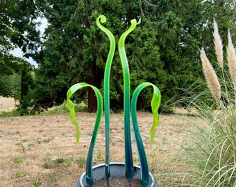 Made To Order - Green and Blue Fronds- Hand blown Glass Garden Art