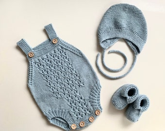 Hand knitted newborn romper, hat and bootee set