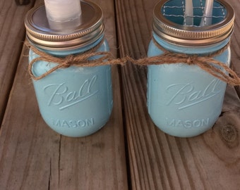 Aqua mason jar soap dispenser and tooth brush holder