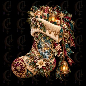 May include: A decorative Christmas stocking in deep burgundy and forest green, featuring a central winter landscape scene, gold filigree, pinecones, poinsettias, and faux fur trim. Two small winged figures and glowing lanterns adorn the stocking.
