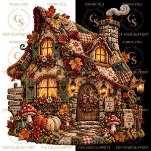 Peut inclure: Une illustration de cottage avec un toit en patchwork, des feuilles d'automne, des citrouilles et des champignons. Les panneaux indiquent Kindness, Creativity, Peace, Always, A Brighter Day Ahead et Good Things Live Here. Fenêtres éclairées.