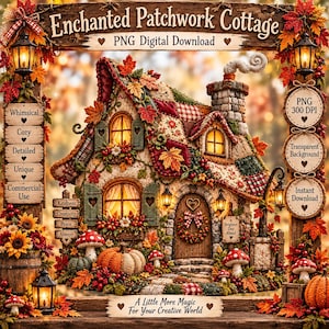 May include: A digital illustration of an Enchanted Patchwork Cottage featuring a quilt-textured house with autumn leaves, pumpkins, and mushrooms. The image includes text labels like PNG Digital Download, Whimsical, Cozy, and A Little More Magic.