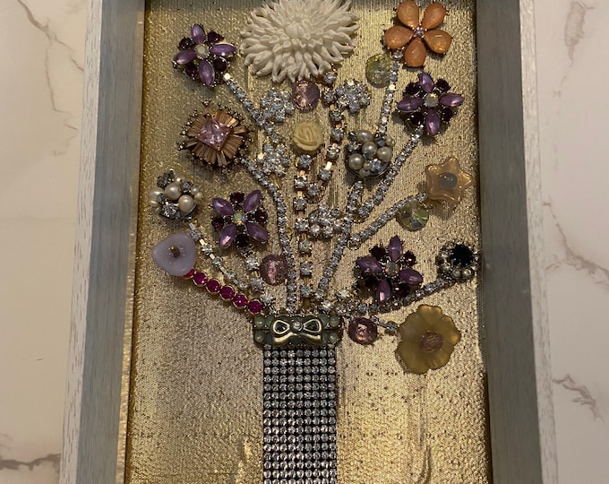 Vintage Costume Jewelry Bouquet of Flowers Framed Canvas Art Rhinestone