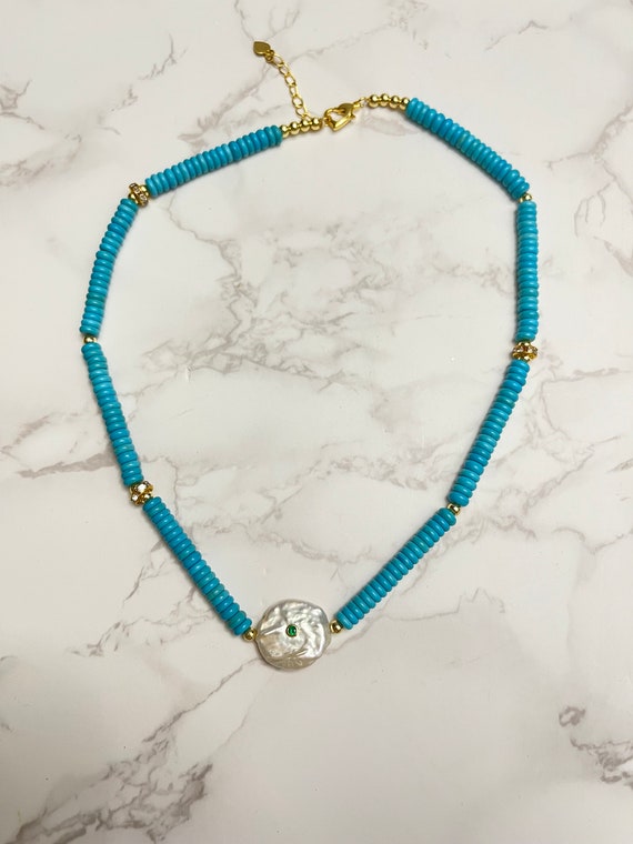 Beautiful turquoise beaded coin pearl necklace pen