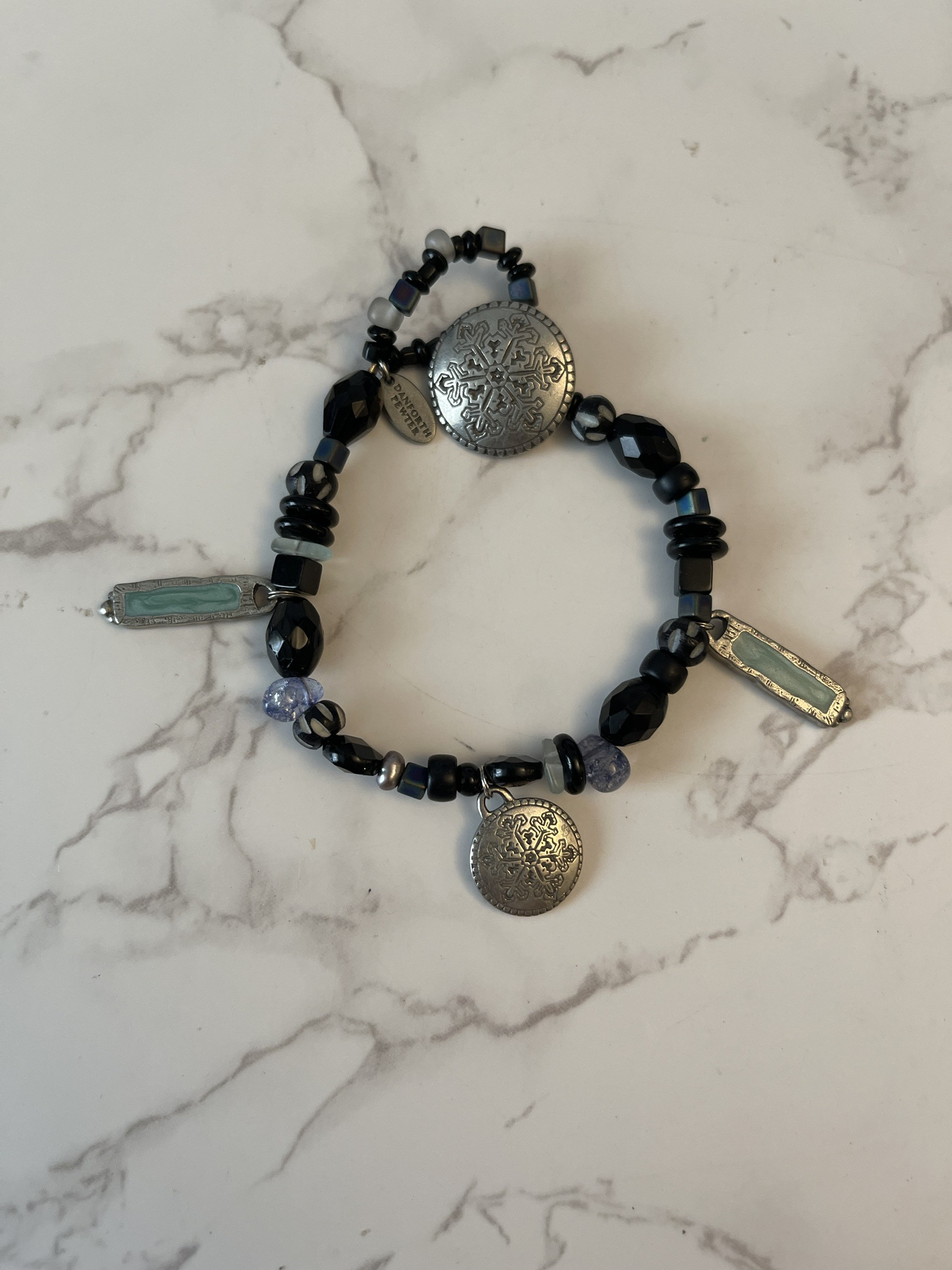 Beautiful Vintage Danforth Pewter Snowflake Beaded Charm Bracelet