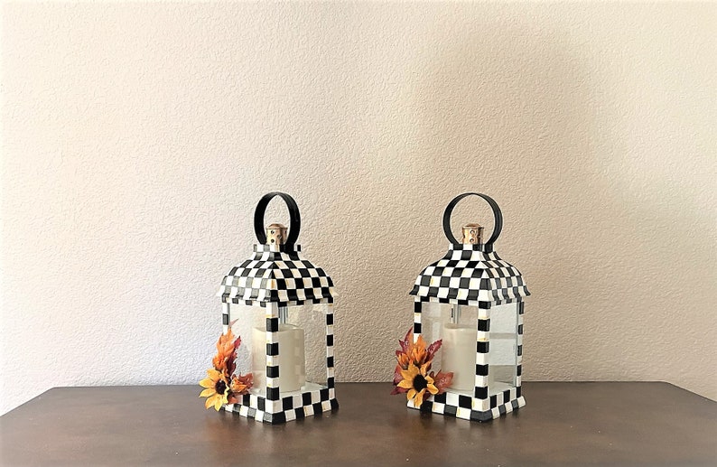 Lantern With Flameless Candle. Black and White Checkered Lantern. Fall
