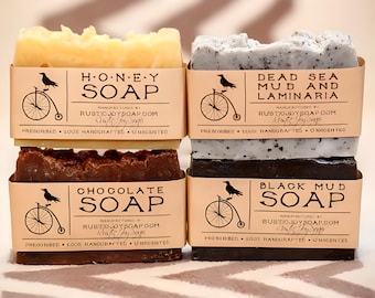 Handmade Soap Gift Set for Her, 4 Artisan Soap Bars, Honey Chocolate Mud Charcoal Spa Gift Set