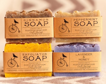 Handmade Soap Gift Set, 4 Vegan Soap Bars, Lavender Peppermint Cinnamon Exfoliating Spa Gift for Her