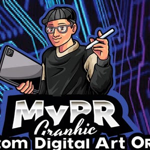 May include: Illustration of a person holding a tablet and stylus, with the text "MyPR Graphic Custom Digital Art Order" in a stylized font. The background features a blue and purple digital circuit design.