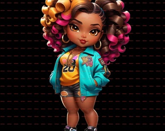 Chibi Black Woman Colorful curls, Chibi-Style  African American Woman PNG,  transparent background Unique Stylish