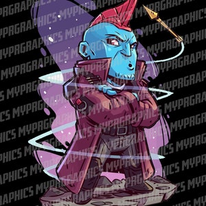 May include: A blue-skinned cartoon character with a red mohawk and a red and brown jacket. The character is standing on a rocky platform with a purple and blue nebula background. The character is holding their arms crossed and has a serious expression on their face.