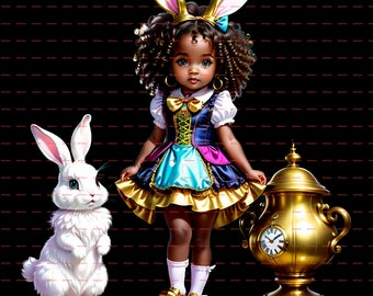 Chibi Schwarzes Mädchen Alice im Wunderland, Afroamerikanerfrau im Chibi-Stil PNG, transparenter Hintergrund Einzigartig und Stilvoll