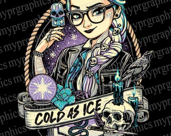 May include: A digital illustration of a woman with blue hair wearing a black leather jacket and glasses. She is holding a popsicle and a crystal ball. The background is purple with stars and the text "COLD AS ICE" is on a banner.