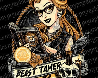 May include: A digital illustration of a woman with long blonde hair wearing a black leather jacket, a gold chain necklace, and a book in her hand. The book has a lion on the cover. The woman has a tattoo of a rose on her arm and a skull on her ear. The text "BEAST TAMER" is written in a banner across the bottom of the image.